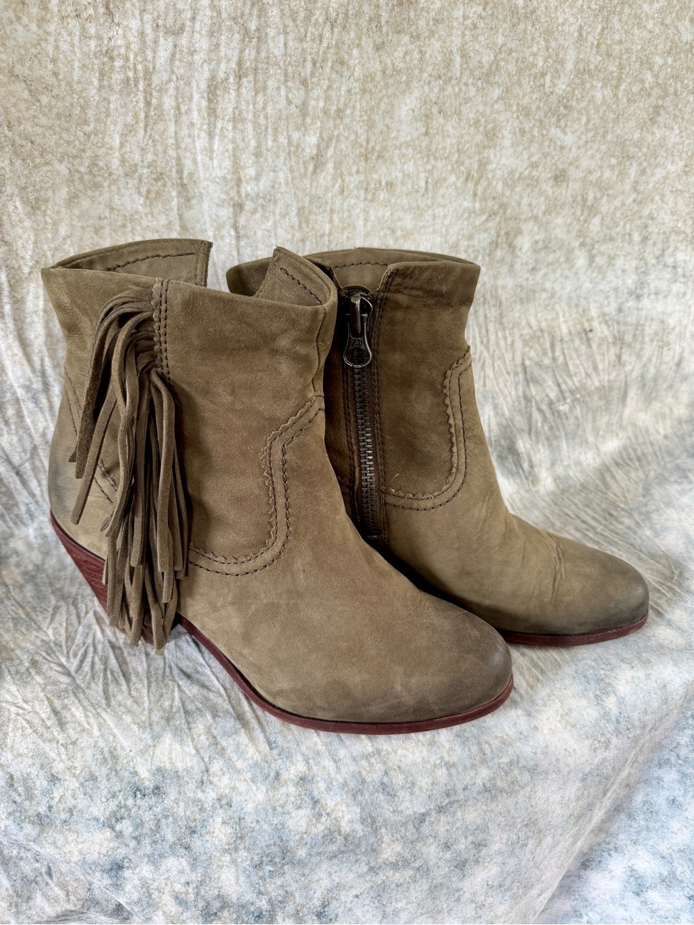 Sam Edelman Olive Green Leather Fringed Zip Booties - 8